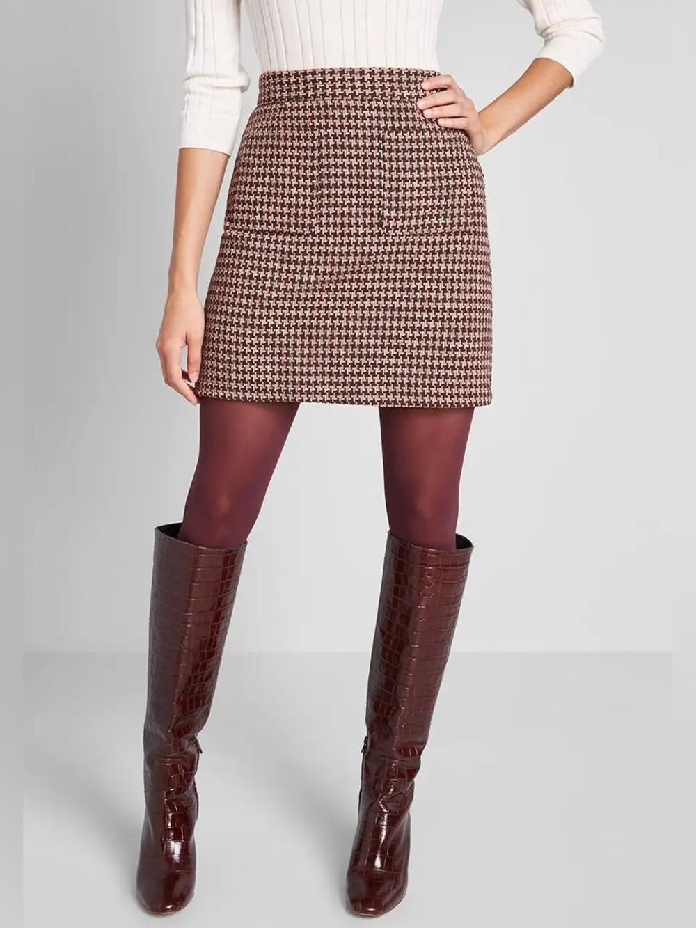 Modcloth Houndstooth Tweed Mini Skirt Wool Blend Brown Patch Pockets Size 6